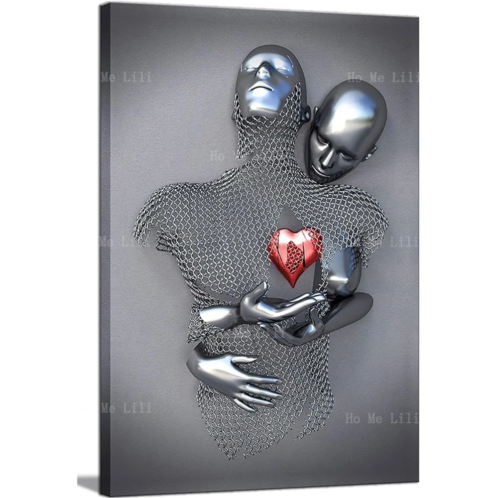 Romantic Couple Canvas Wall Art Love Heart 3d Metal Sculpture Effect Black And White Modern Abstract Hug Lovers Painting