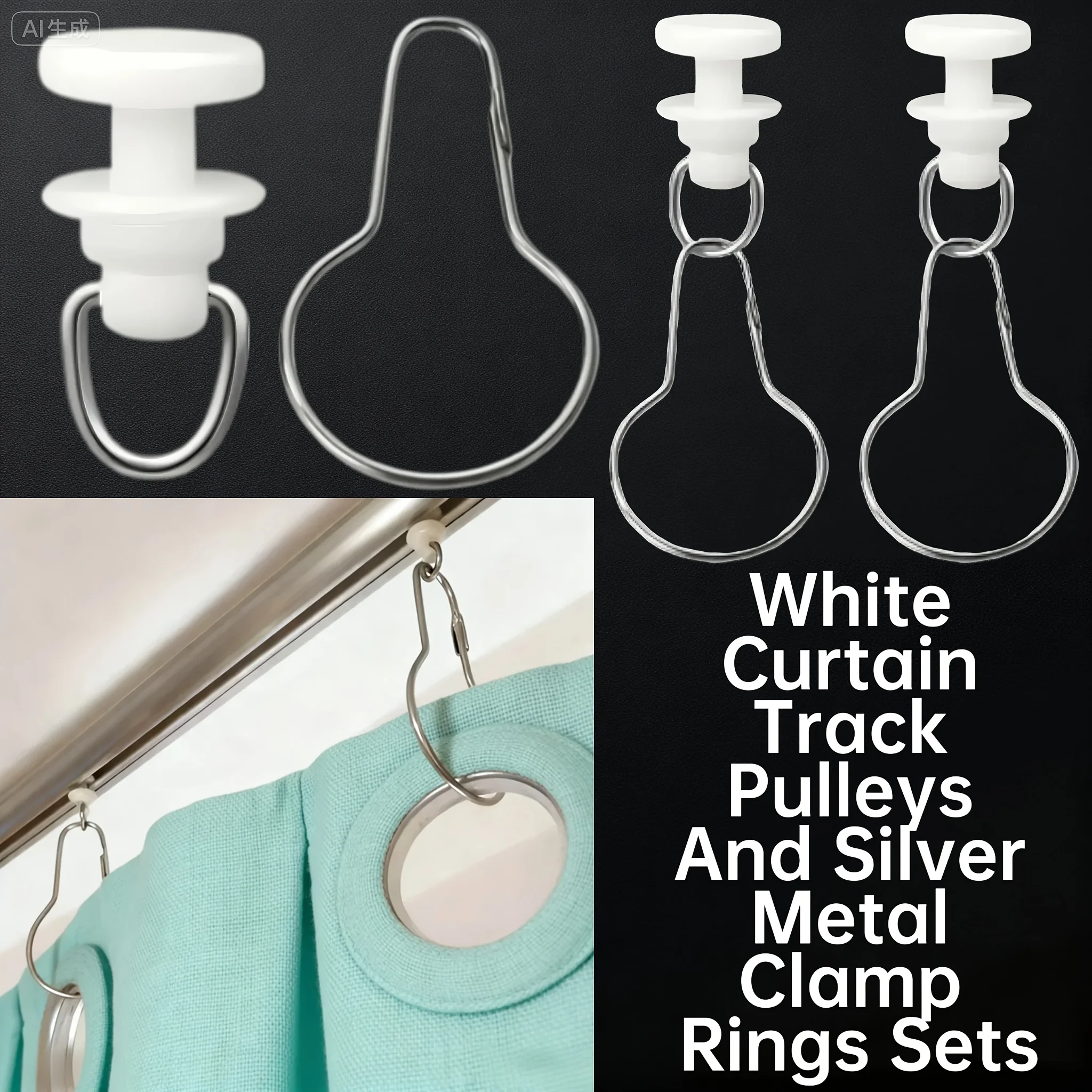 60Pcs Curtain Track Pulley Rollers with Metal Gourd Rings White Plastic Smooth Sliding Gliders Curtain Rail Accessories
