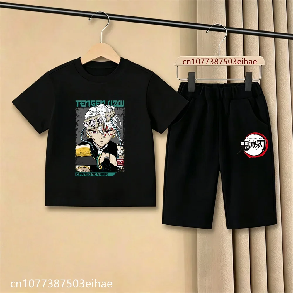 2026 Kids Demon Slayer Comic Print Short Sleeve T Shirt Casual Shorts Ghost Blade Style Summer Casual Daily Playwear Outfit Set