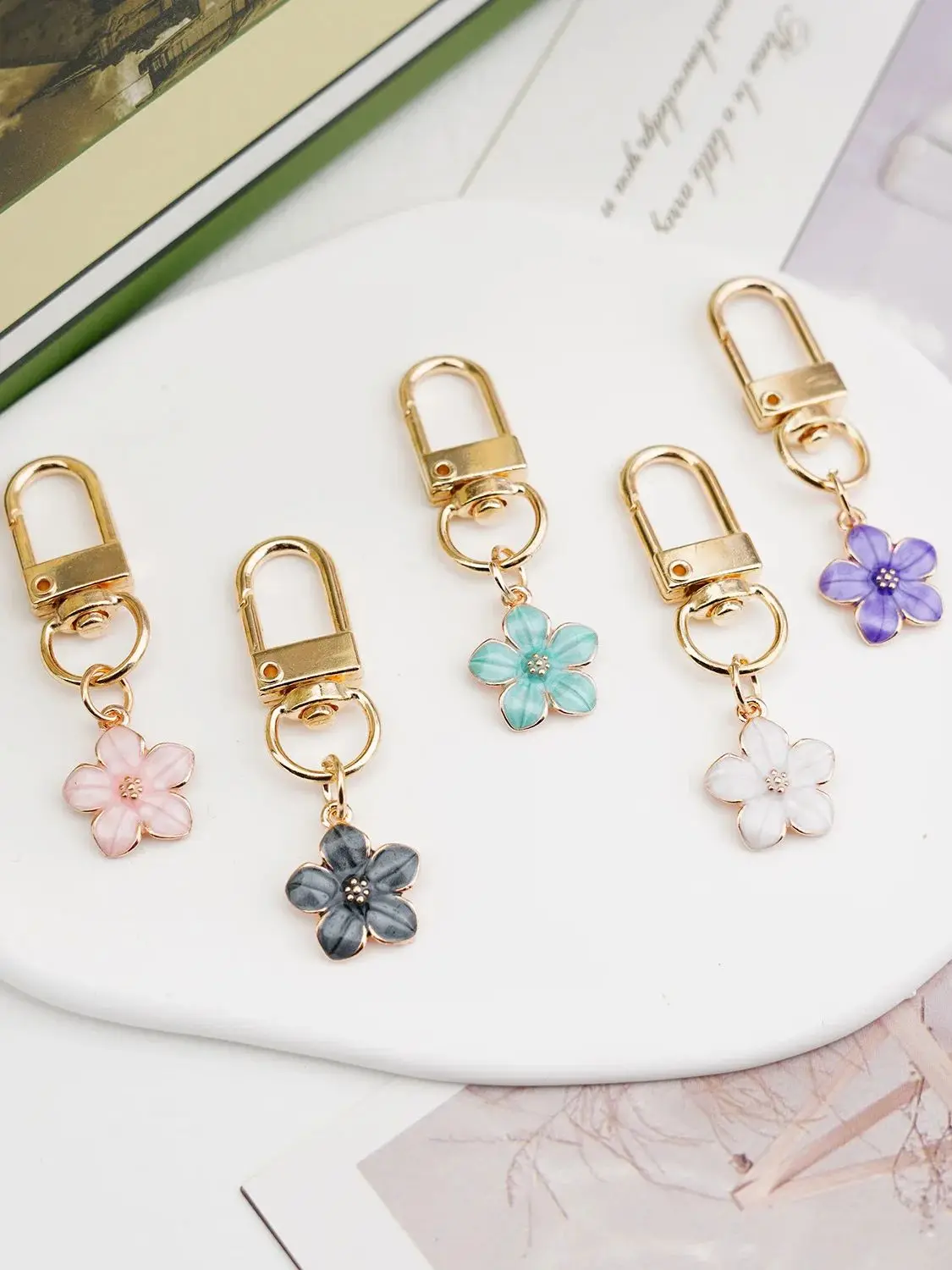 Dainty Sakura Flower Keychain Charm Enamel Purple Green Pink White Black Women Key Ring