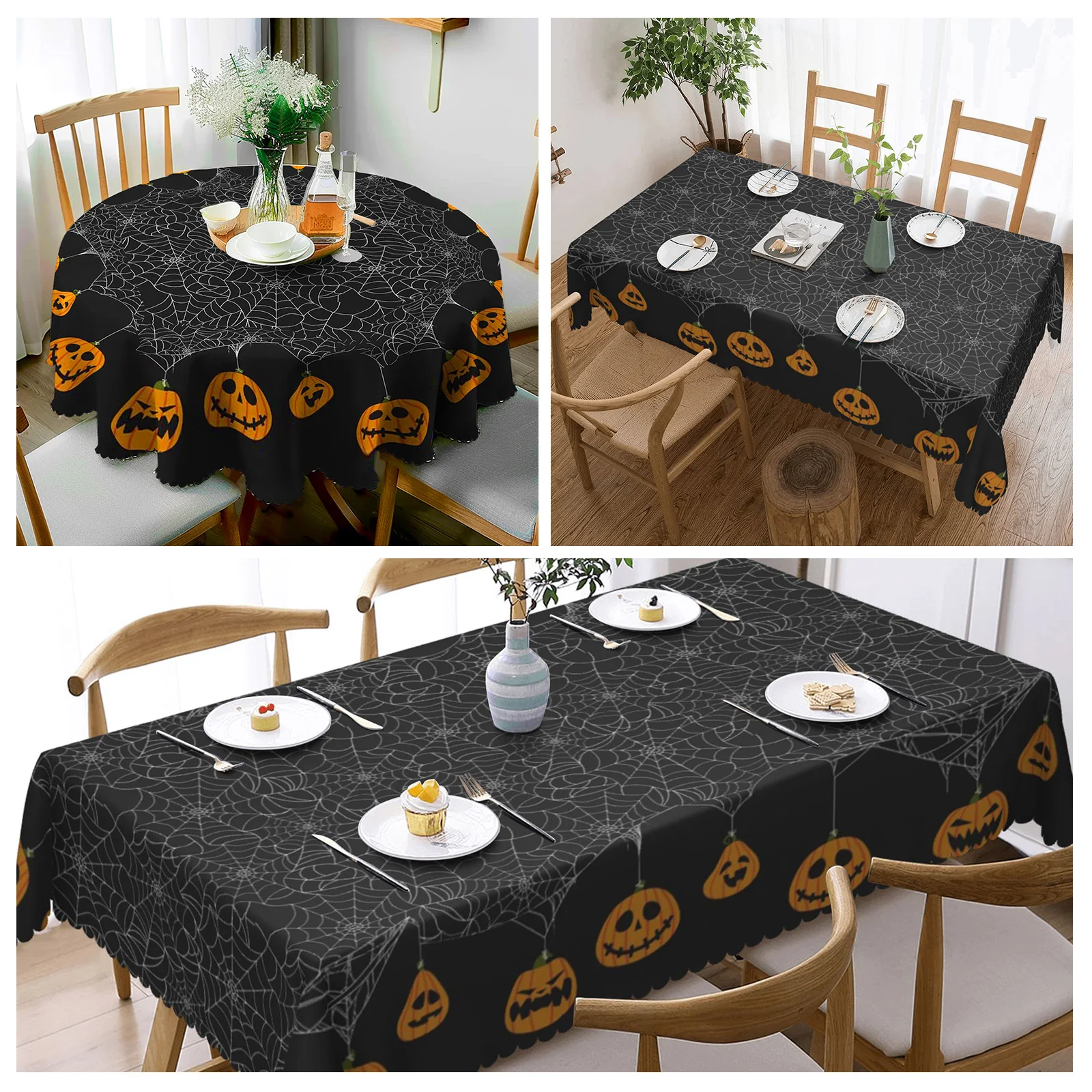 1 Piece, Round/Visect Polyester Tablecloth, Halloween Horror Atmosphere Printing, Pumpkin Head and Spider Web Pattern, Embossed Edge, for Home Kitchen, Living Room Dining Table Balcony Coffee Table, Holiday Holiday Table Decoration Tablecloth, Outdoor Picnic Decoration, Coffee Table Desktop Decoration Tablecloth, Perfect Holiday Gift-H080