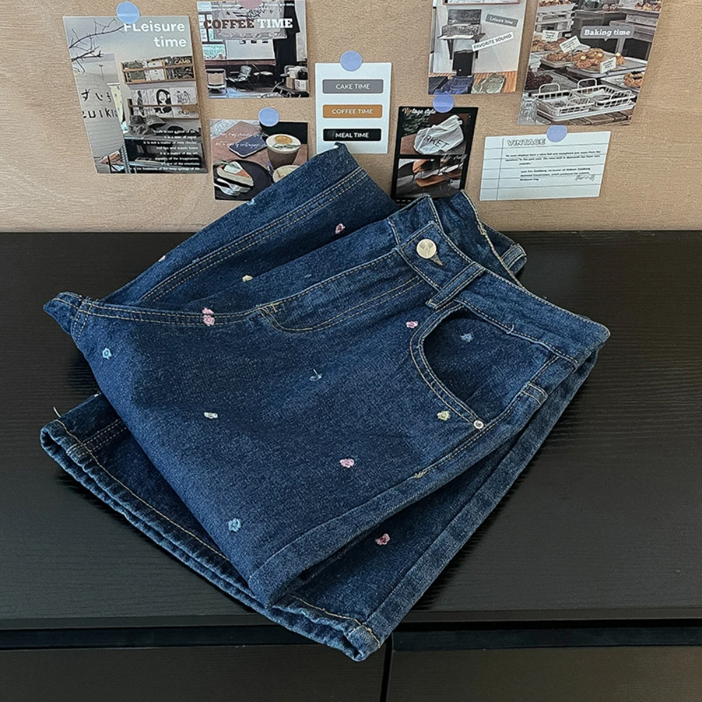 

Women Denim Pants Korean Floral Embroidery High Waist Wide Leg Straight Trousers Spring Summer All-Match Ankle-Length Jeans