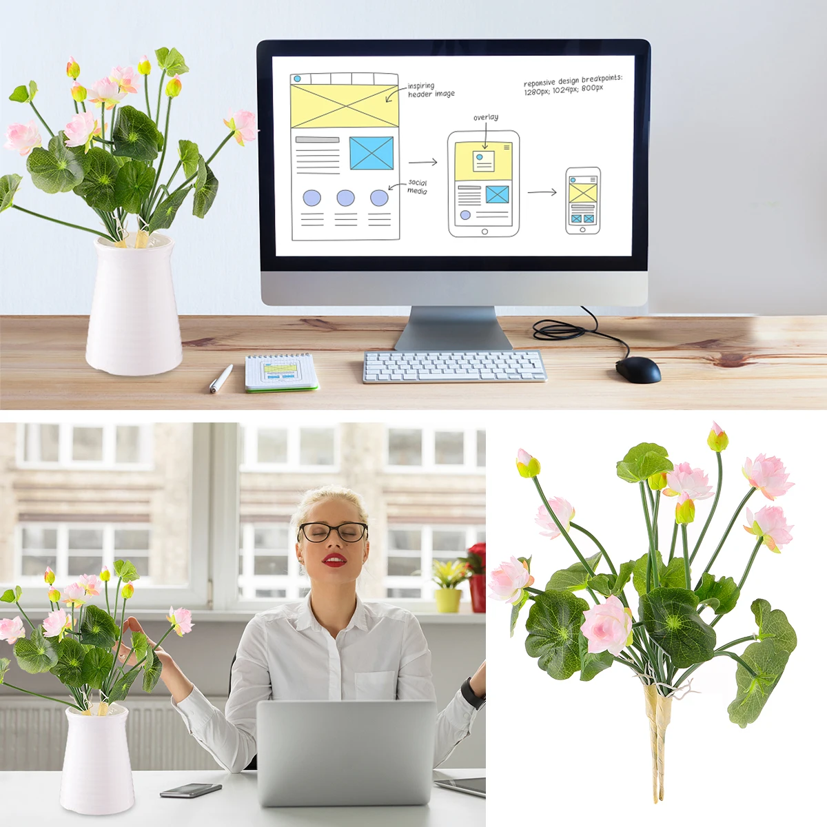 

2Pcs Lotus Flower Decor Light Pink Artificial Silk Flowers for Home Room Office Desk Bonsai Buddha Hall Photography Background