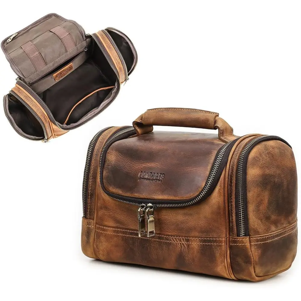 

Кожаная косметичка Crazy Horse для мужчин, дорожная сумка для ванной, органайзер для туалетных принадлежностей, винтажная коричневая косметичка