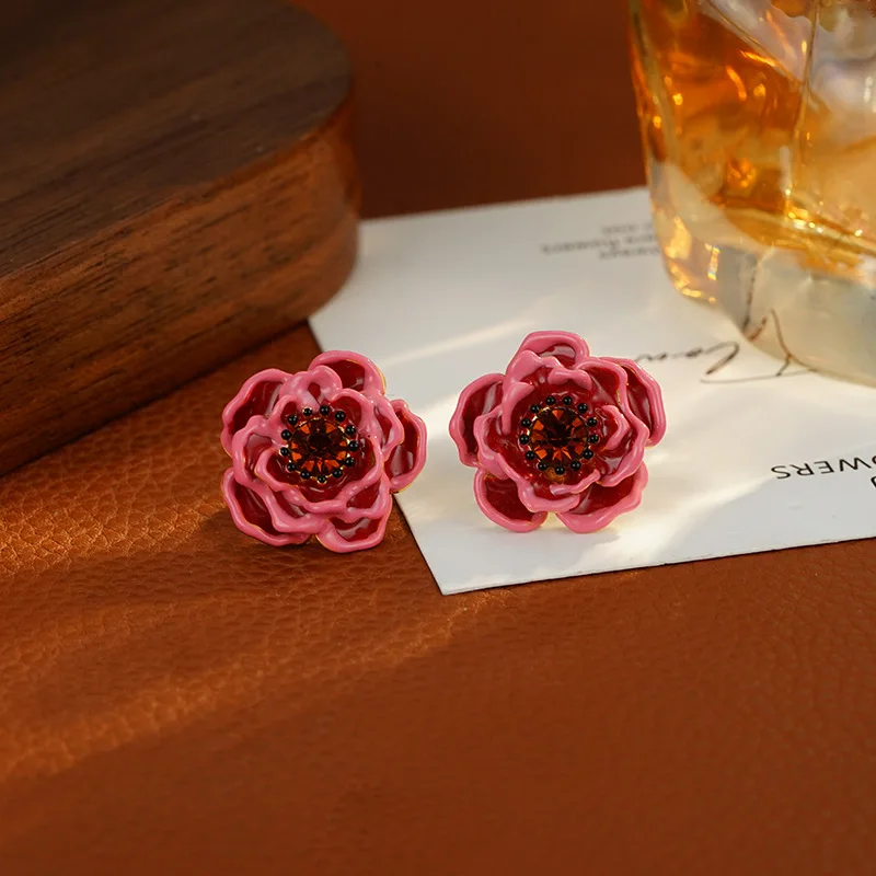 Elegant Red Crystal Rose Flower 14K Gold Filled Female Stud Earrings Promotion Jewelry Anti Allergy 2027 New Style