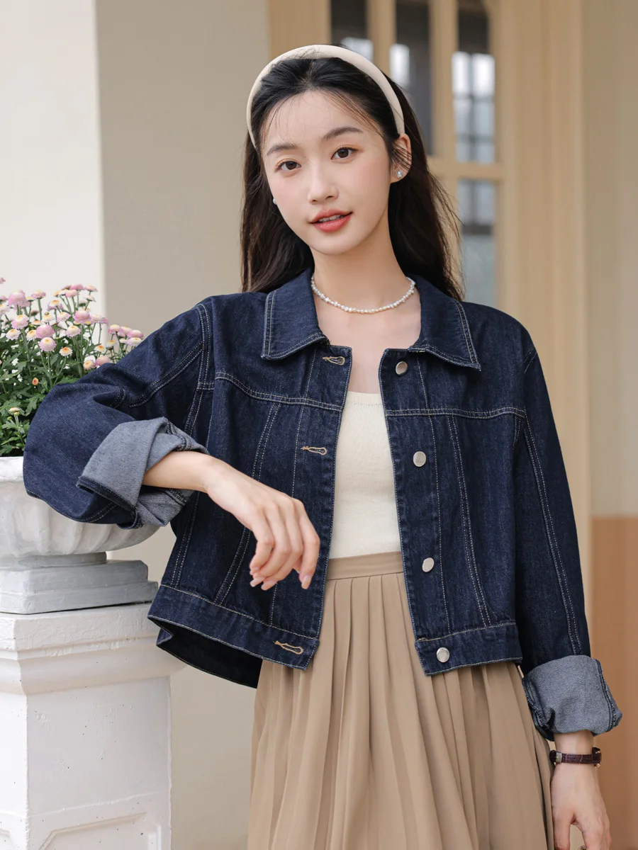 

Spring Summer Full Sleeves Solid Women Coat Ladies Washed Cropped Denim Jacket Girl Jean Cardigan Top