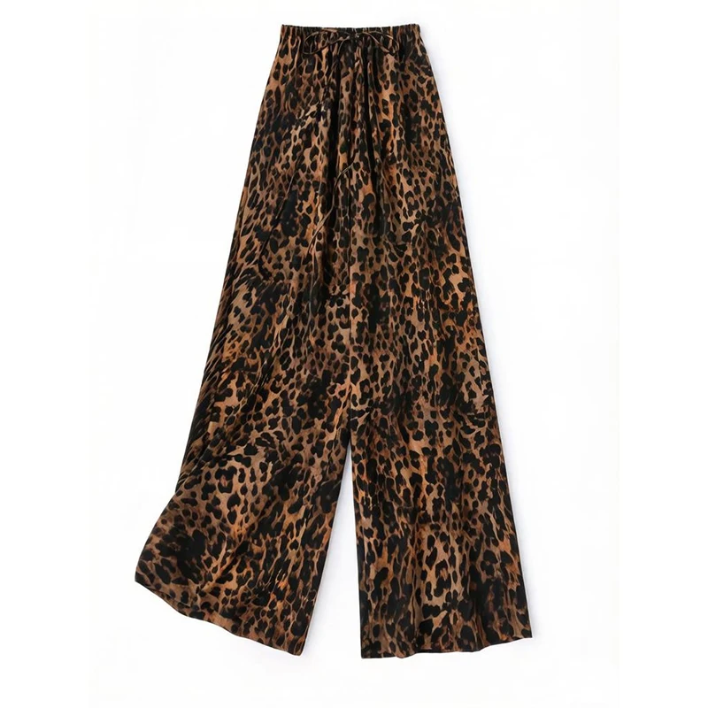 Women Silk Pants 100% Mulberry Silk Fashion Brown Leopards Printed Straight-leg Trousers Elastic Waist M9000