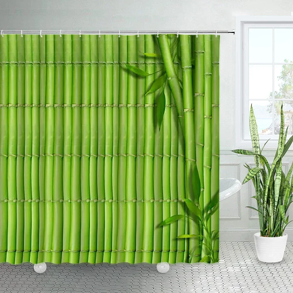 Bamboo Printed Shower Curtains Set Zen Japanese Spring Nature Tan Home Decor Asian Fabric Chic Bathroom Bath Curtain with Hooks