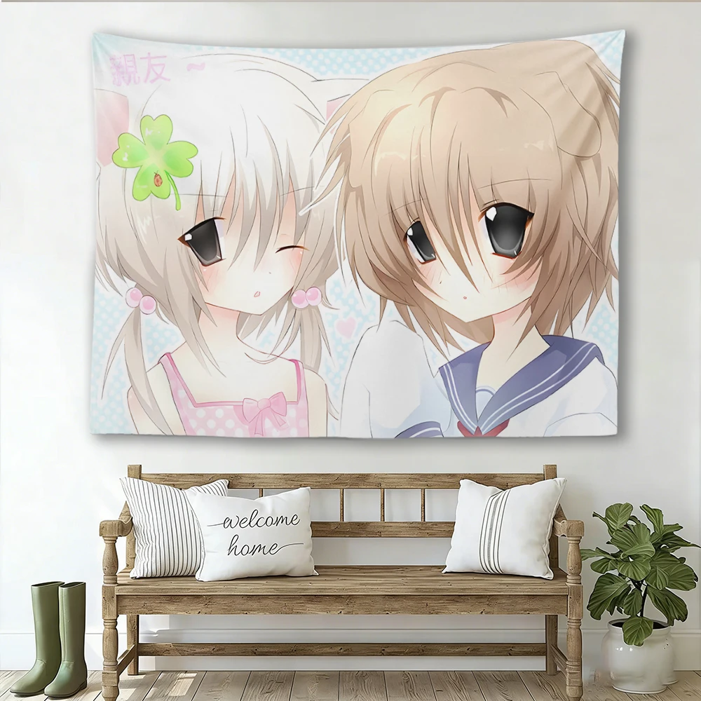 Retro Y2K Moe Kemonomimi Girls Tapestry, Best Friends Cat Ears Clover Pastel Blue Anime Wall Hanging Otaku Bedroom Dorm Decor