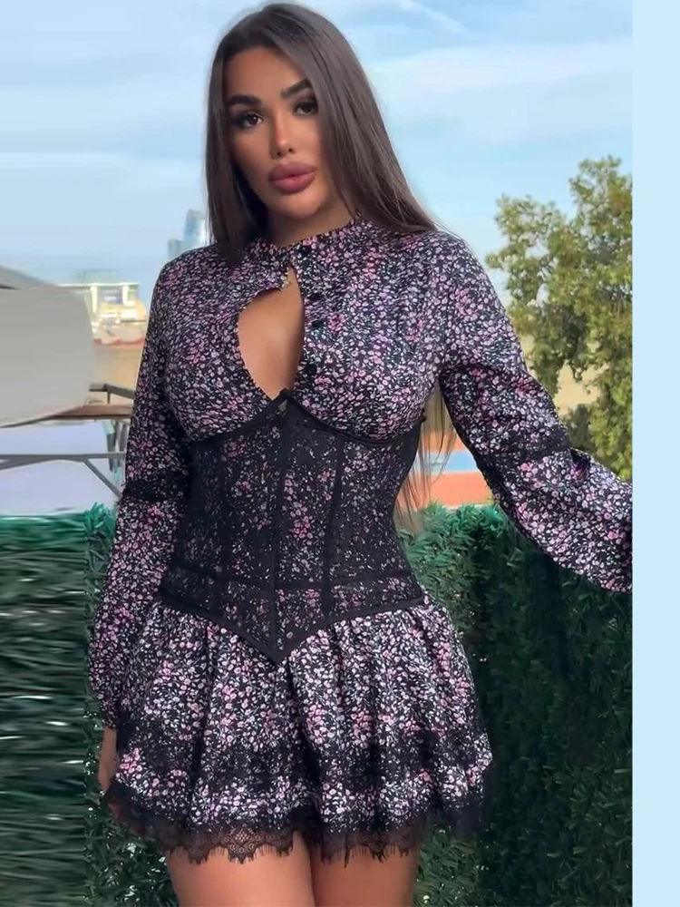 Damen-Minikleider mit Aufdruck, Taillenschnürung, Laternenärmeln, Kurzkleid mit O-Ausschnitt, Spitzen-Patchwork, Schlanker Schnitt, Partykleidung, Neu – Detail 22