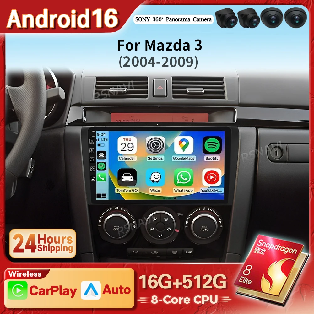 Android 16 Carplay Autoradio Multimedia für Mazda 3 BK Maxx Axel 2004 - 2013 Navigationsgerät Autoradio GPS Stereo Snapdragon