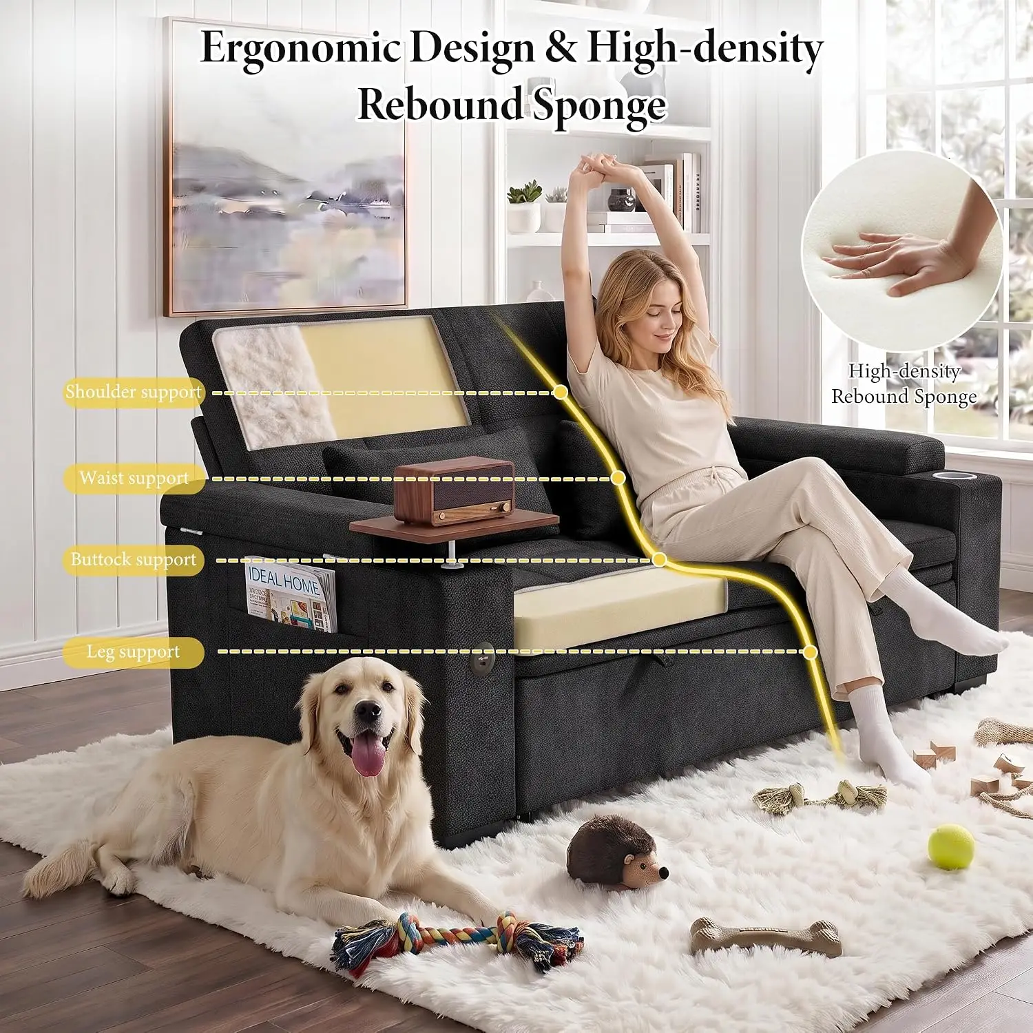 65'' Convertible Sleeper Sofa Bed with Swivel Side Table, Chenille Pull Out Couch for Living Room, Loveseat Sleeper with Hidden