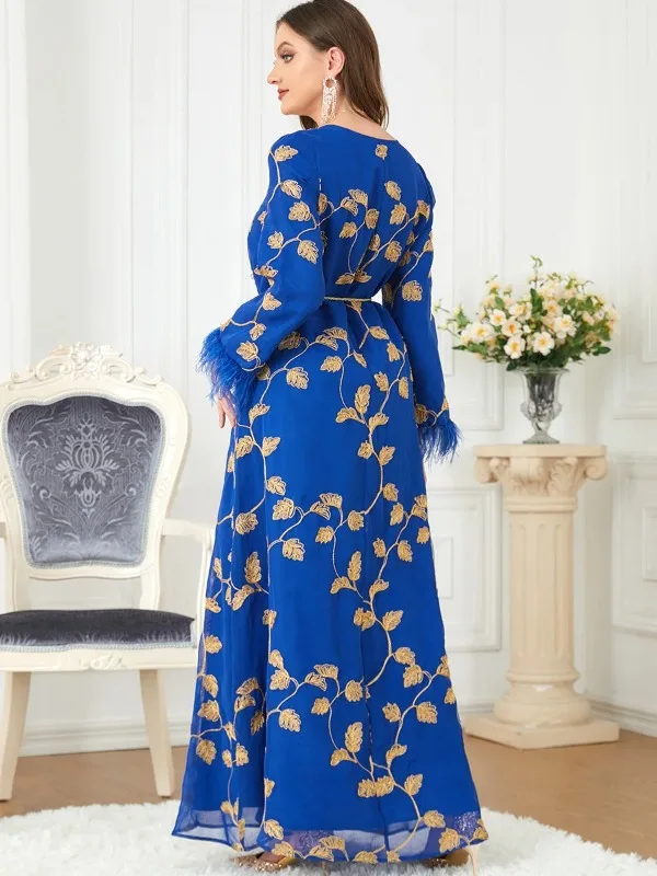 Autumn Muslim Party Dresses for Women Long Sleeve Kaftan Robe Abayas with Belt Dubai Abaya Gowns Morocco Evening Dress Vestiods