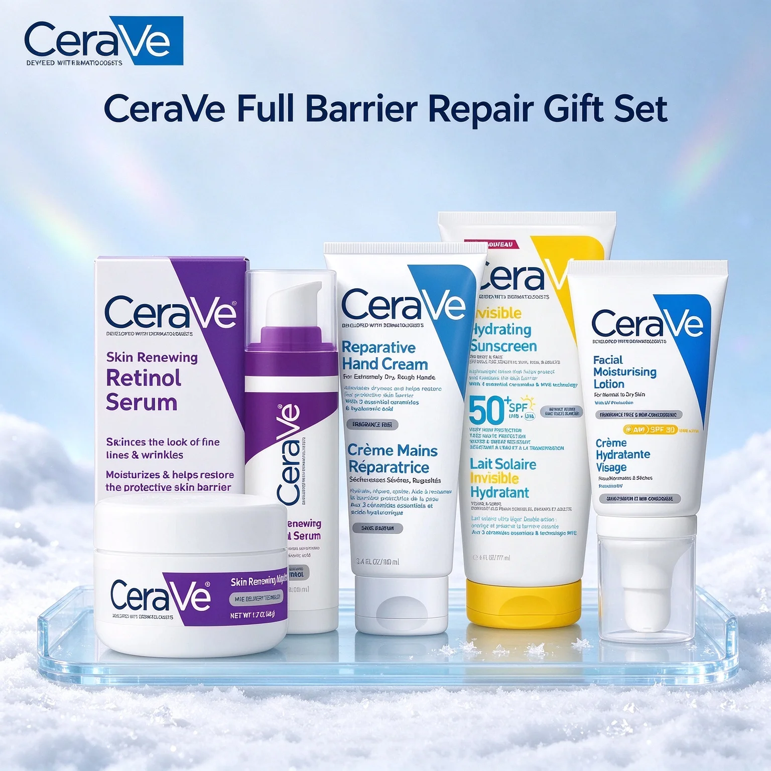 CeraVe 5 in1 Skincare Bundle Hand Cream+Retinol Serum+Night Cream+SPF50 Sunscreen+AM Lotion For Anti-Aging Dull Skin