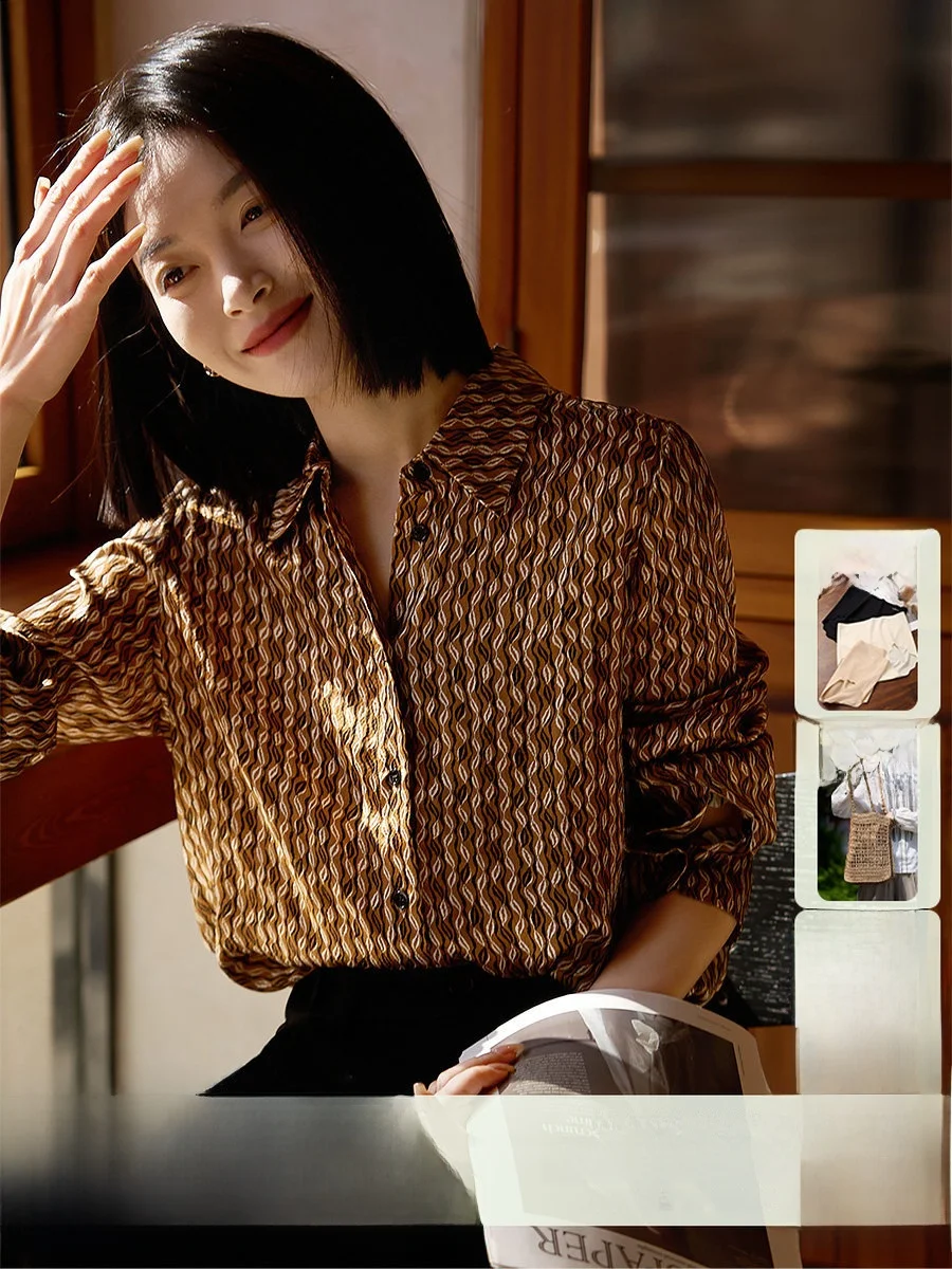 

Элегантная шелковая рубашка в винтажном стиле с длинным рукавом для женщин, весенняя модная перламутровая шелковая рубашка, удобная, дышащая, в стиле OL