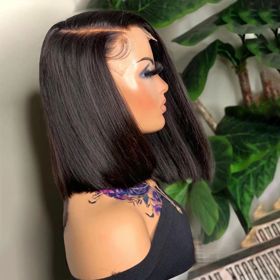 Short Side Part Wig Bone Straight Human Hair Wigs Asymmetrical Bob Lace Wig for Women Brazilian Perruque Cheveux Humain