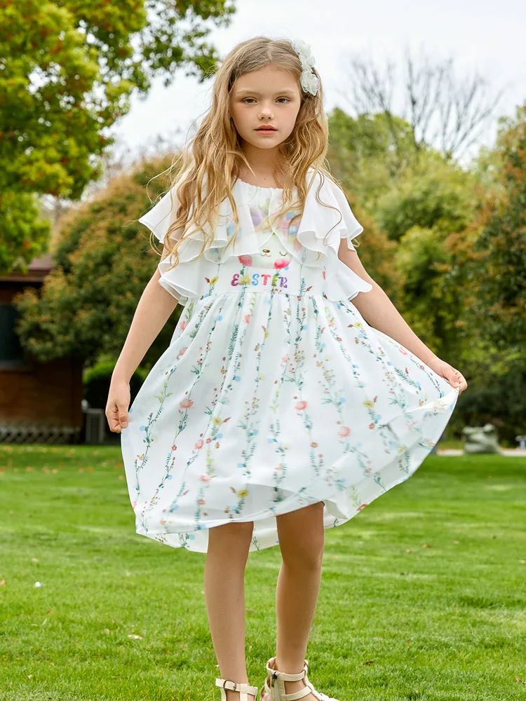 Girls Dresses Summer Floral Printed Ruffled White Princess Dresses