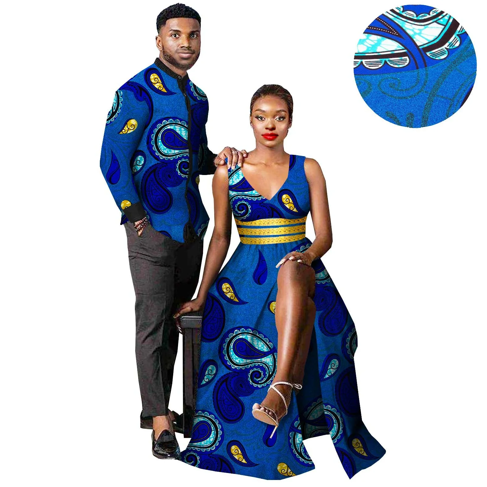 African Print Sexy V-neck Long Dresses for Women Matching Couple Outfits Dashiki Men Top Shirt and Pants Wedding Party Clothes