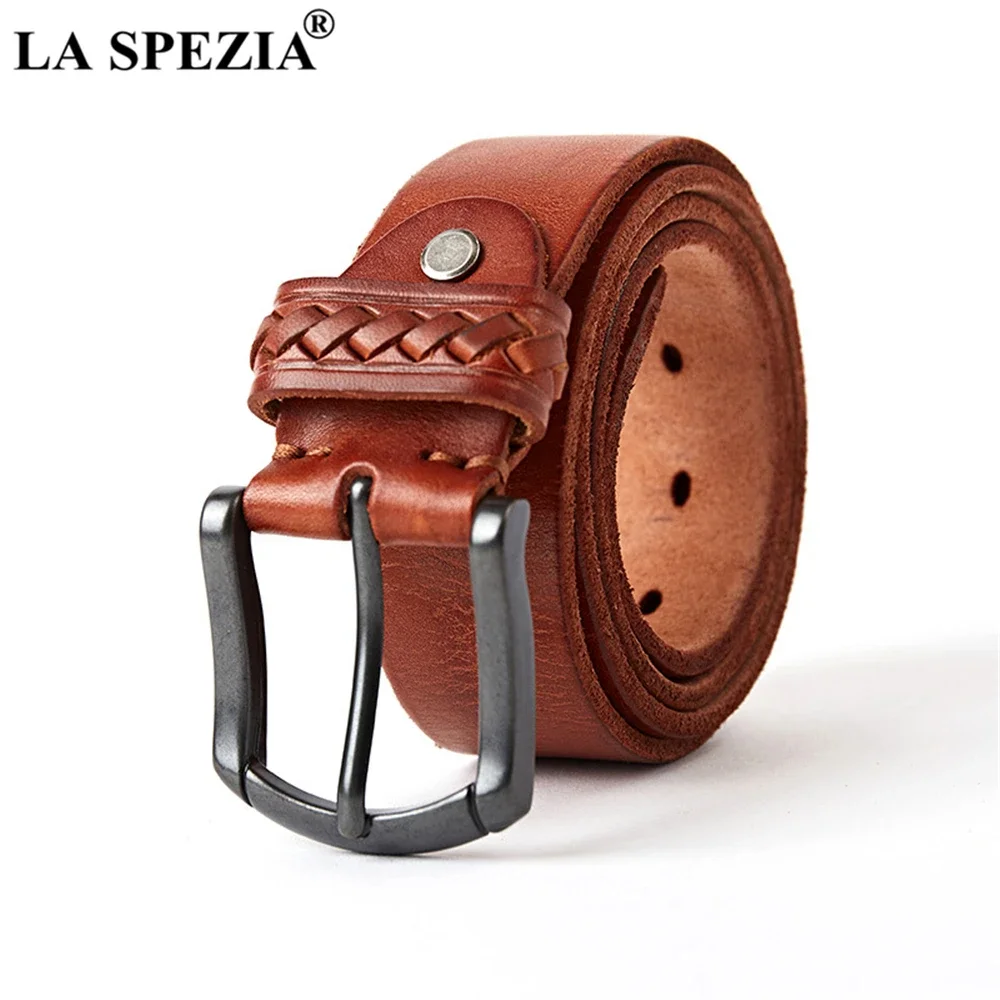 LA SPEZIA Men Leather Belt Black Pin Buckle Genuine Leather Belt Male Vintage Casual High Quality Trouser Belt Real Cowskin