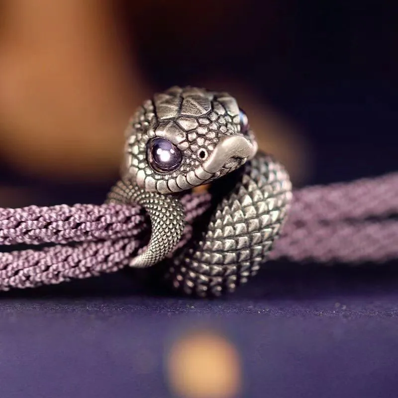 Vintage 3D Metal Snake Purple Braided Bracelet, Adjustable Purple Cord Wristband With Purple Crystal Eyes Snake Charm