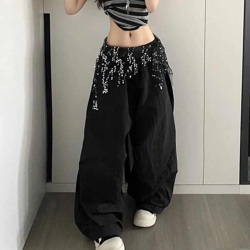 MEXZT Y2K Sequins Cargo Pants Women Harajuku Black Baggy Sweatpants Streetwear Wide Leg Joggers Summer Korean Casual Trousers