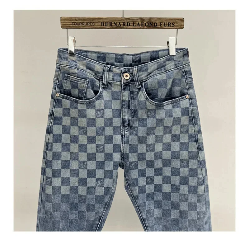 

Square printed jeans men's fashion high-end affordable luxury Korean style fashionable all-match stretch slim fit skinny pants