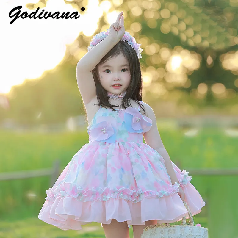 Sweet Baby Girls Summer New Lolita Princess Sundress Girls Cute 3D Floral Ruffle Trim High Waist Mesh Tutu Birthday Party Dress