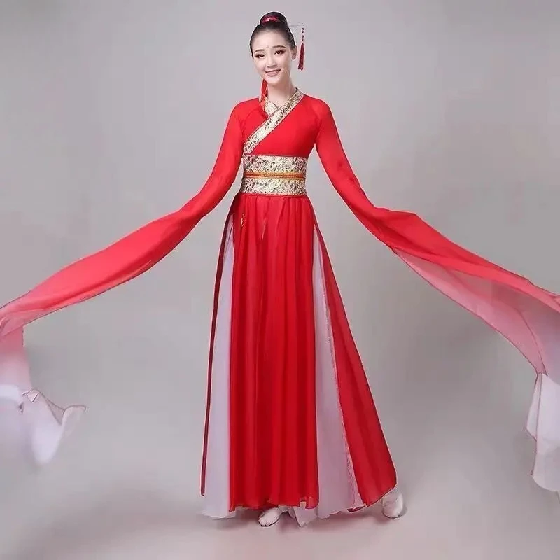 여성 전통 중국 민속 무용복 클래식 워터 슬리브 댄스 의상 한푸 무대 의상 공연 의상