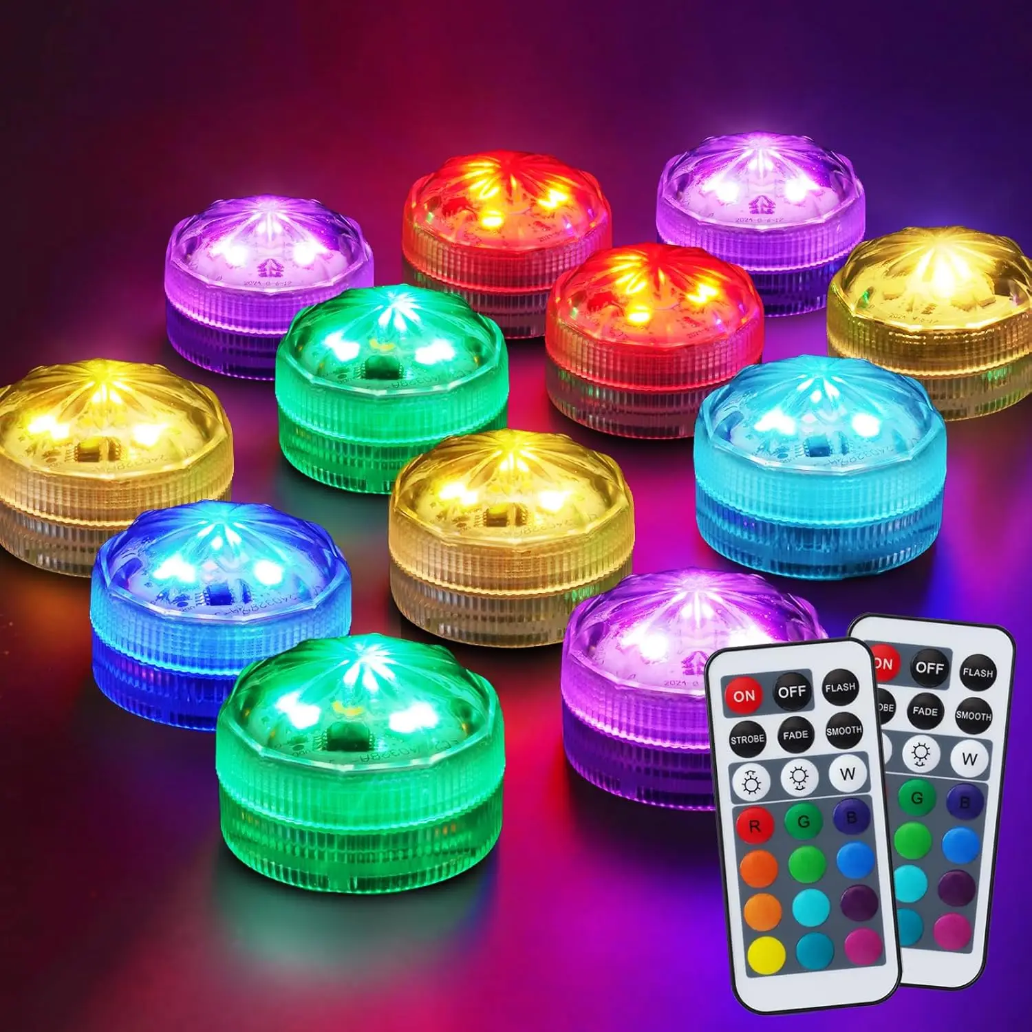 10 mini RGB diving LED lights with 2 remote controls multi-color waterproof battery-powered underwater color changing