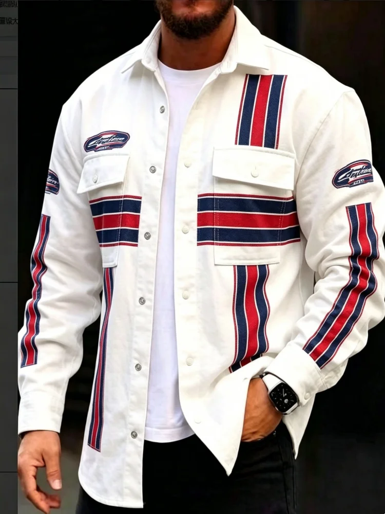 Men's Retro Racing Stripe Fake Denim Long Sleeve Shirt Oversized Print Logo Cargo Pocket Casual Top