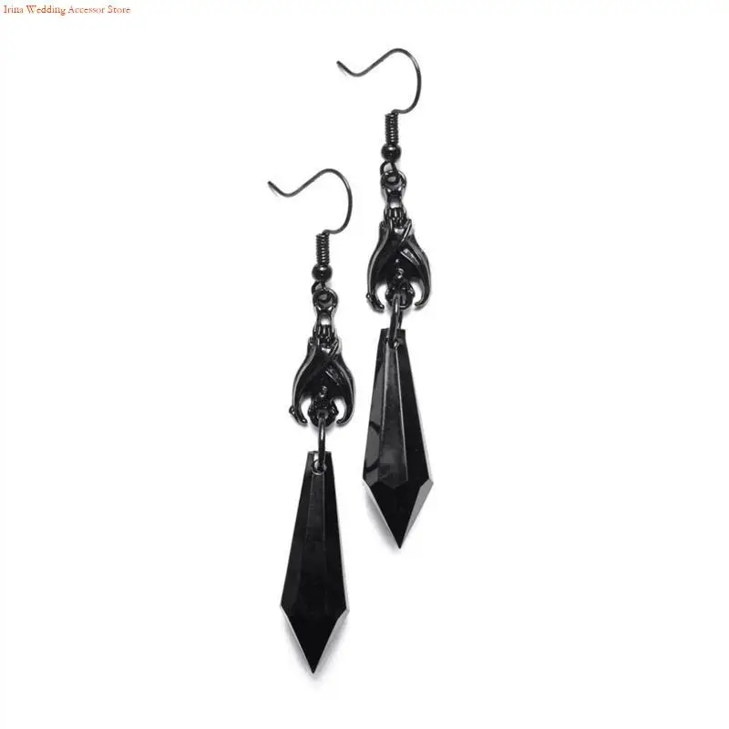 G92D Exquisite Hexagonal Dangle Earrings Fashion Pointed Red Drop Earrings for Women Crystal Black Bat Pendant Earring