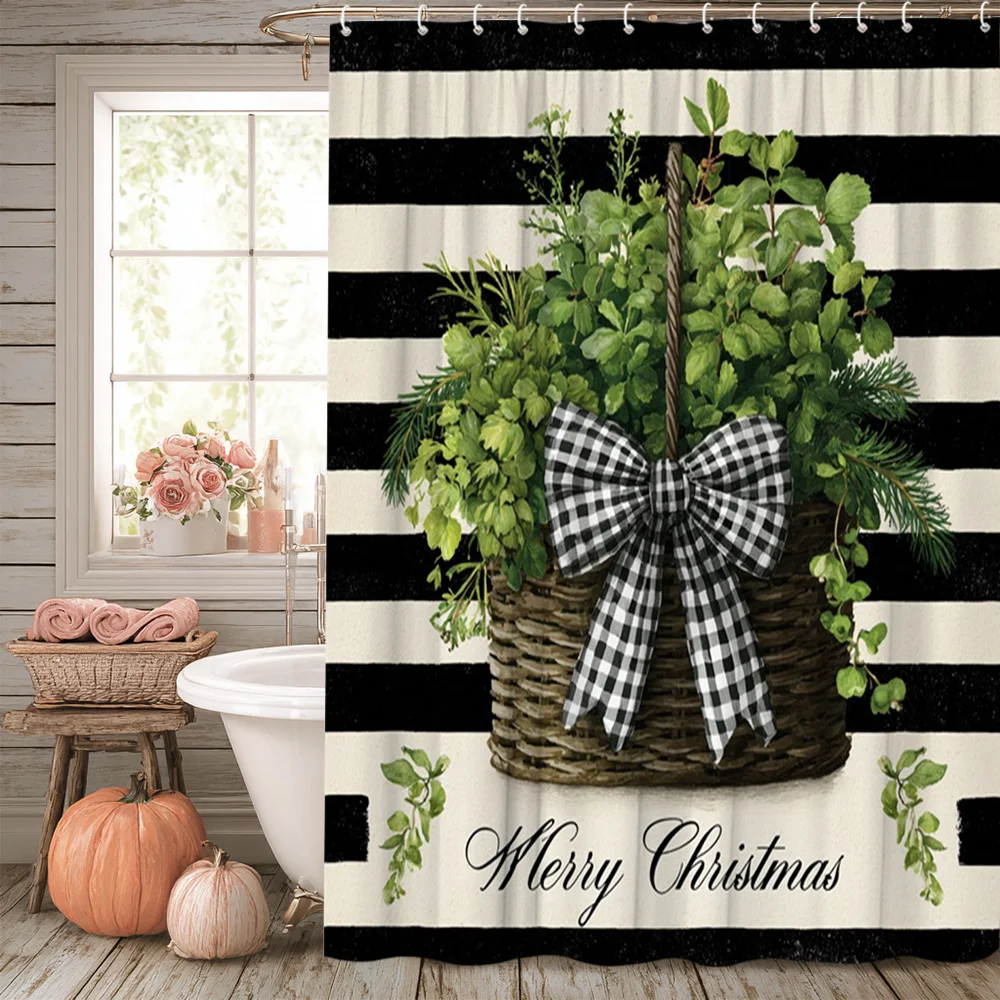1pc Christmas Rustic Farmhouse Shower Curtain Black And White Striped Pattern with Greenery And Bow Gift Basket Bathroom Decor P