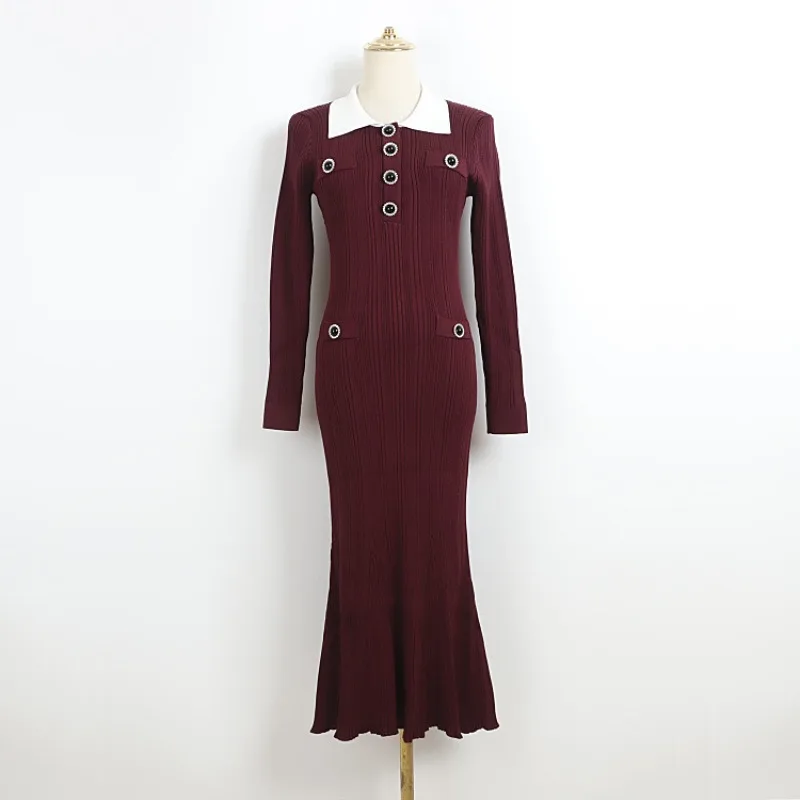 Autumn Winter Long Knitted Dresses Color Clash Lapel Slim Fishtail Skirt Women's Elegant Clothing Long Sleeves Button Long Gowns
