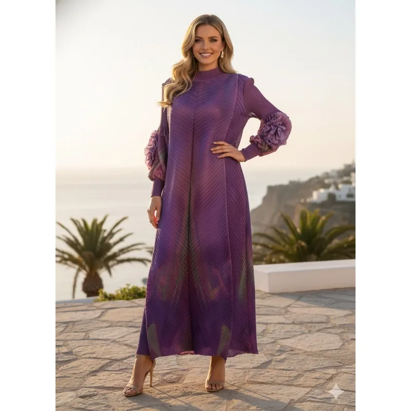 

Miyake плиссированное плиссированное платье с цветочным принтом, весна 2026, новые элегантные платья больших размеров с длинными рукавами, женские платья, платья