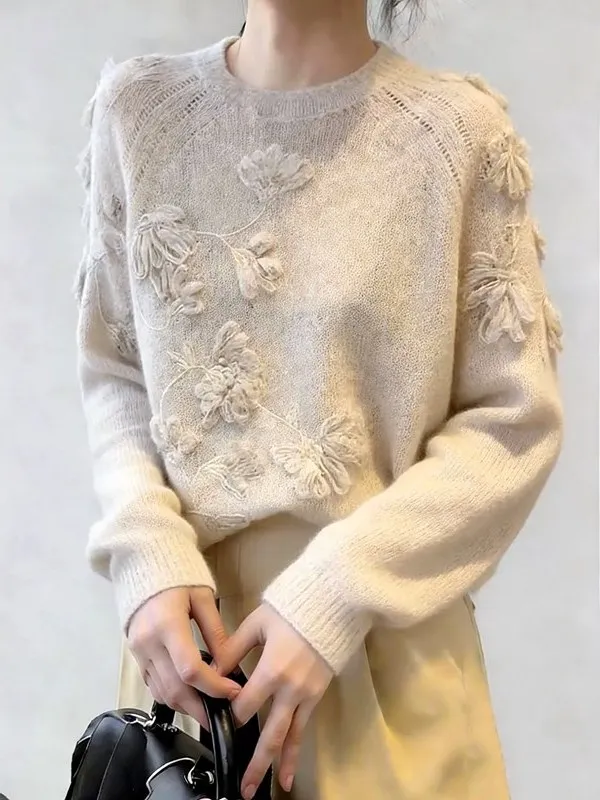 

French Sle Loose Knitted Sweater Women's round Ne Flower Pattern Spring New Arrival Faionable Top Quali Knitwear