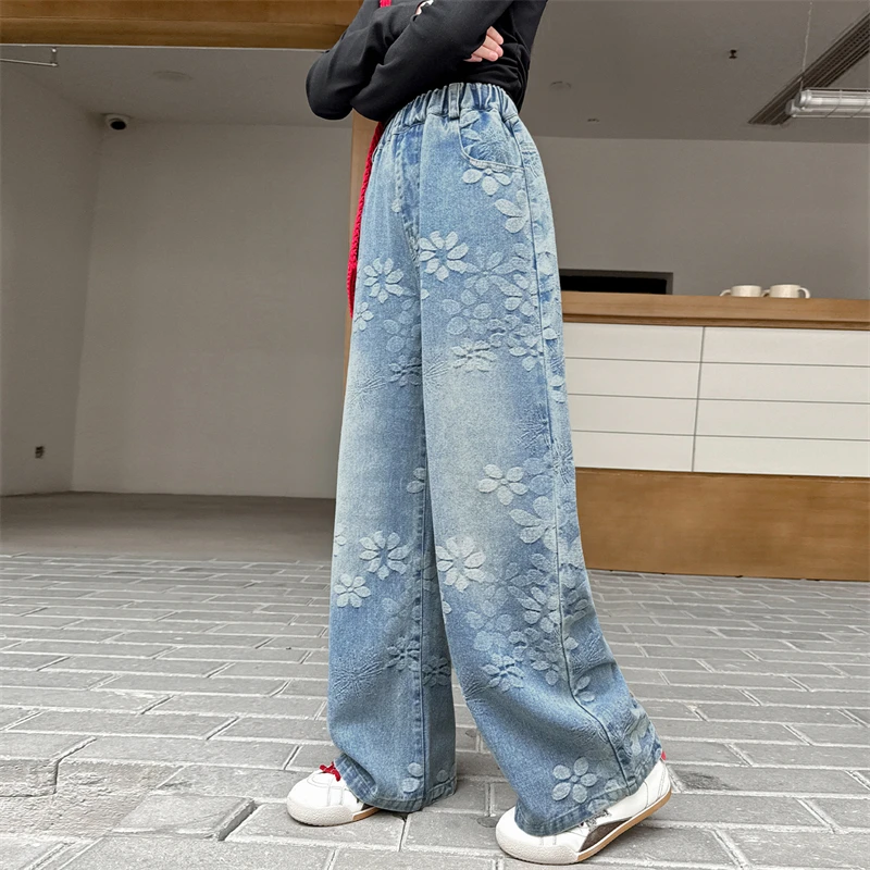 American Street Style Kids Clothing Retro Denim Trouser Child Girl Fashion Jacquard Design Y2K Loose Straight Ripped Jeans Pants 5
