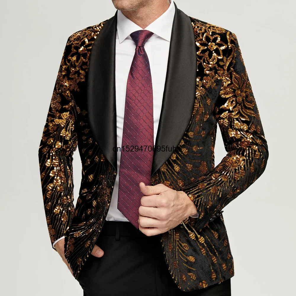 Men\'s Gold Sequin Blazer Jacket Men 2023 Fashion Slim FIt One Button Dress Suit Blazer Male Party Wedding Stage Costume Homme