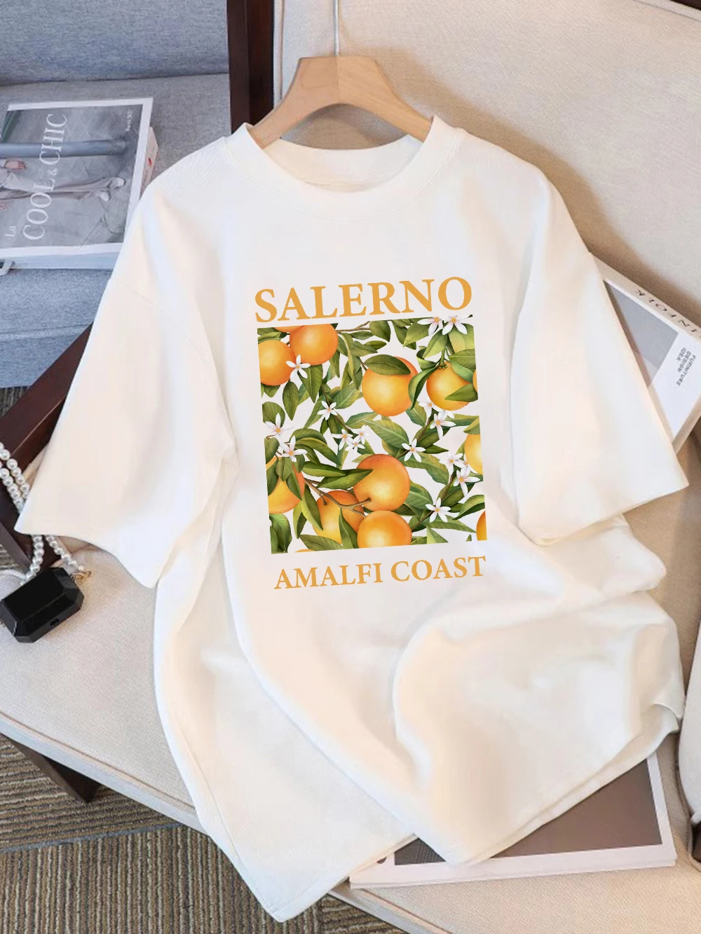Summer Cotton T-Shirts Women Salerno Amalfi Coast Fresh Oranges Print Tops O-Neck Comfortable Loose T Shirt Casual Woman Clothes