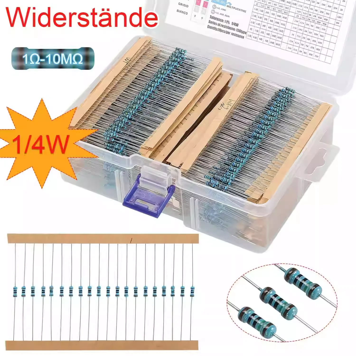 Kit Sortido de Resistores de Filme Metálico 1/4W 0.25W com 2600 Peças, 130 Valores, Pacote de Resistências Comuns para Projetos Eletrônicos DIY Arduino
