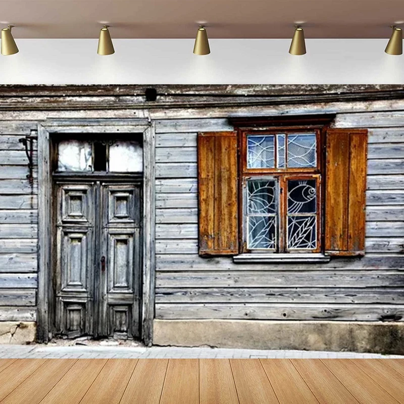 

Old Wooden House Cabin Photography Backdrop Rustic Western Farmhouse Farm Barn Shabby Door Windows Background Cowboys Party