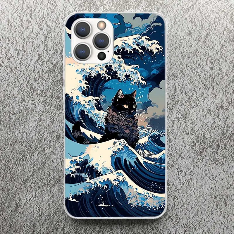 Anime Cat Sea Wave Aesthetic Phone Case For Apple iPhone 16 15 14 13 12 11 Pro Max Mini XS XR X 7 Plus 8 + SE Soft Silicone Prin