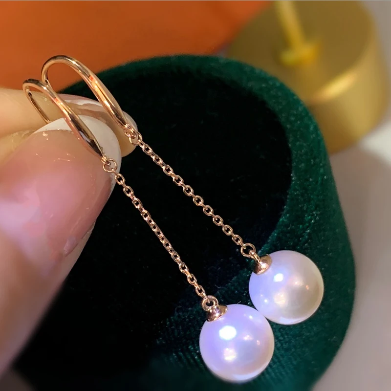 Luxury Jewelry Natural Pearl Long Earrings for Women 18K Thick Gold Setting with 9-10mm High Quality Freshwater Akoya Pearls image 3