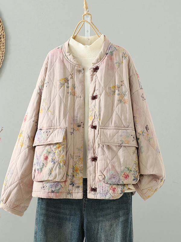 

Fashionable Cotton Jacket Women's Winter New Style Printed Button Loose Anti-Aging Stylish Coat Elegant Lady Commute Style