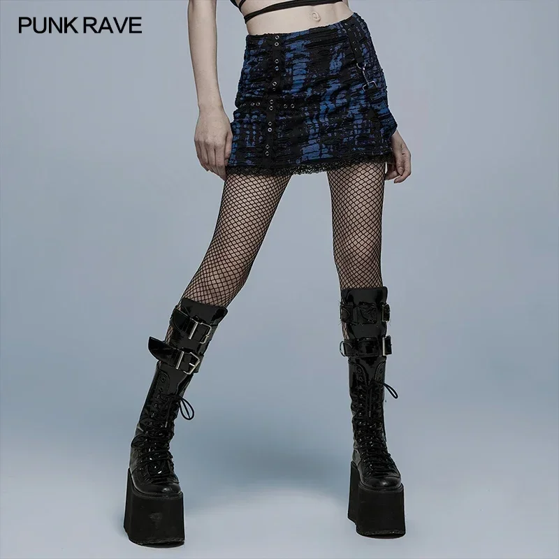 PUNK RAVE Women's Gothic Decadent Knitted Texture Broken Holes Skirt Punk Fashion Sexy Mini Skirts Black-blue Summer