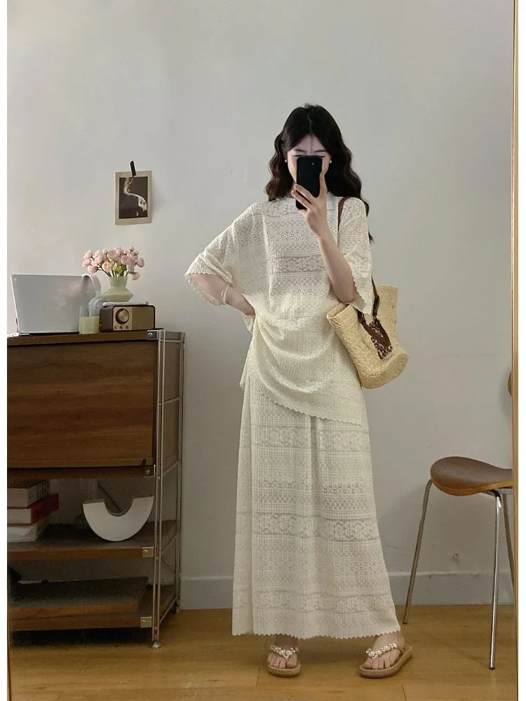 

plus Size Lazy Style Lace Short Sleeve Mid-Length Half Skirt Set Summer New Design Sense Hollow out Top A-Line Skirt