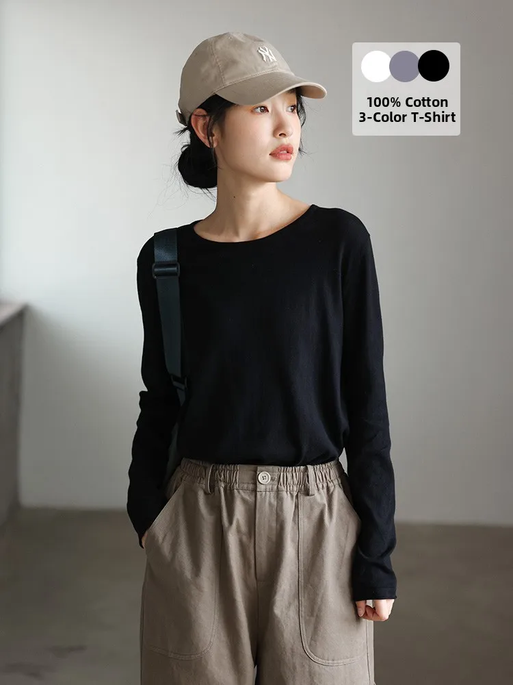 

High-End 00 s Cotton Women's T-irt Base irt Versatile Top Original Design Commute Sle Loose Fit Long Sve round...