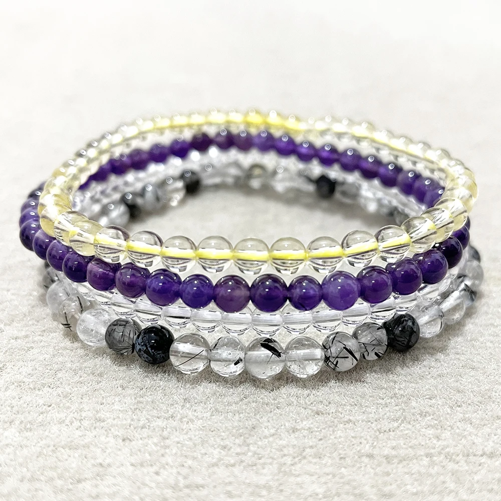 MG0161 Wholesale Natural 4 MM Rutilated Quartz Amethyst Clear Crystal Citrine Bracelet Set Womens Mini Gemstone Yoga Jewelry