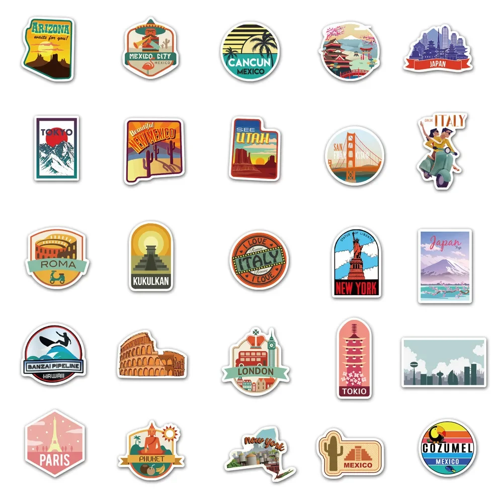 50PCS Cartoon World Tourism Scenery Anime Stickers Pack Laptop Phone Motorcycle Car Waterproof Sticker Classic Toy Gift