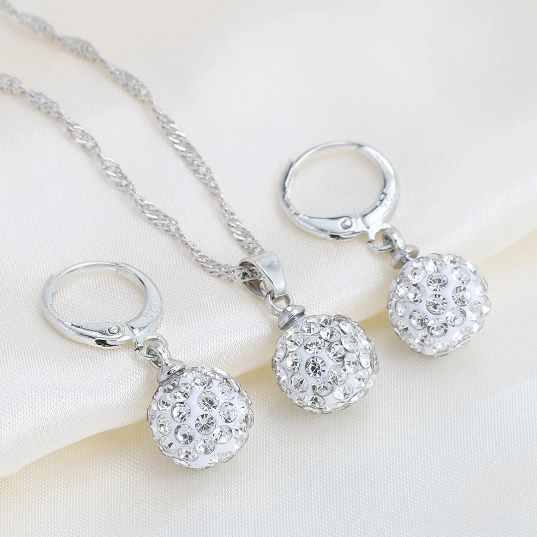 QianBei New Arrival Color 10MM Pendant Necklace Earrings Ball Crystal Earring Necklace Set For Women Fashion Jewelry Gifts