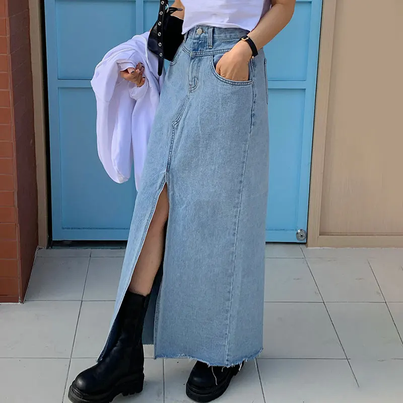 

Шикарная утягивающая джинсовая юбка-миди с высокой талией и высоким разрезом, женская длинная юбка, универсальная весенняя винтажная мода